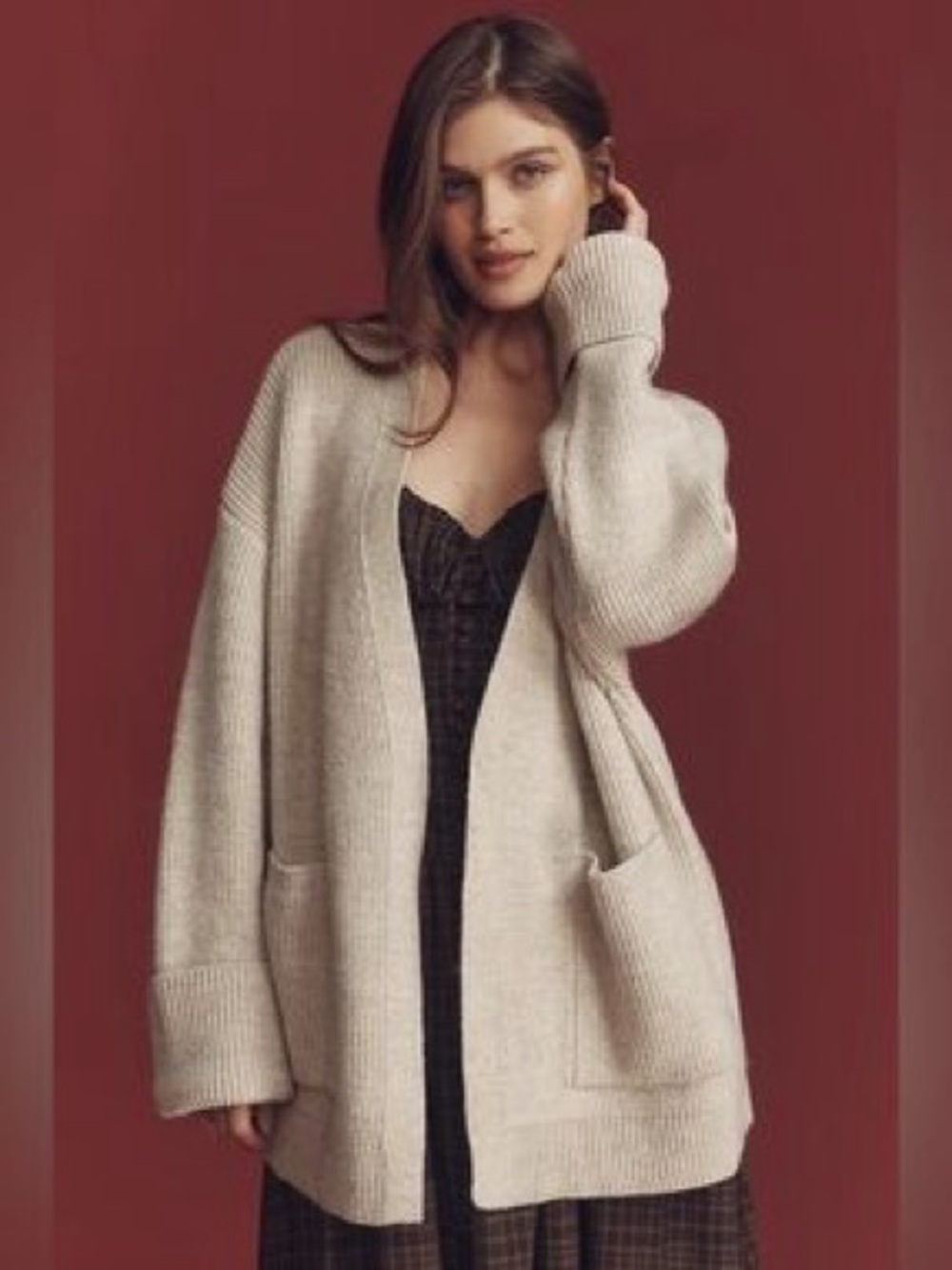 ANTHROPOLOGIE Chunky Beige Open-Front Knit Cardigan Sweater O/S